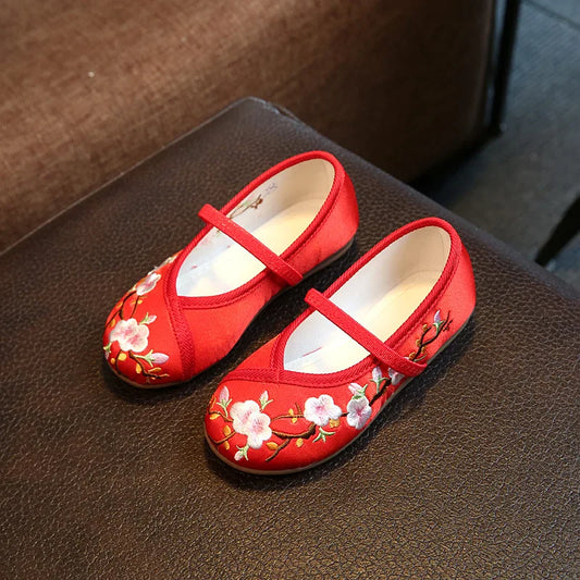 Children Hanfu Flat Shoes Ethnic Chinese Style Girls Embroidered Cloth Shoes Fashion Soft Kids Princess Ancient Dress up Shoes