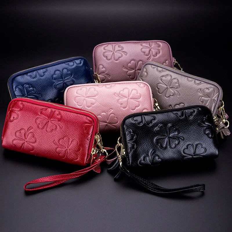 Real Leather Women Long Wallet Ladies Double Zipper Coin Purse Four-Leaf Clover Card Holder Female Cute Money Bag Luxury Clutch