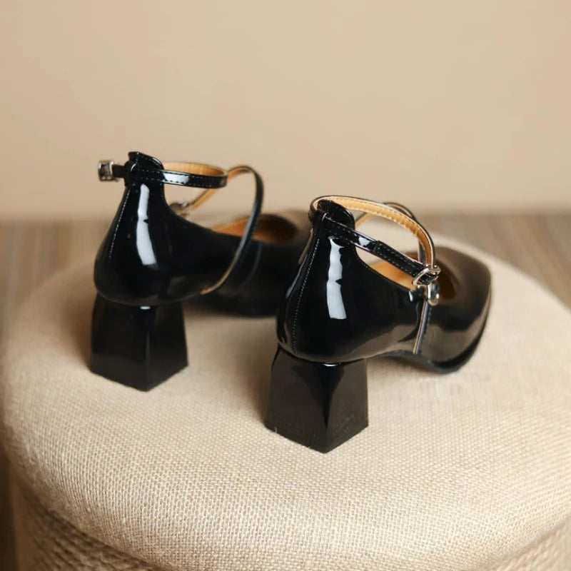2025 New Women'S Mary Janes Shoes High Quality Leather Shoes for Women Square Toe Shallow Buckle Strap Women'S Shoes Sandalias