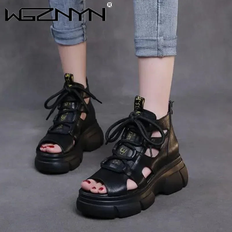 2025 Summer Outdoor Breathable Ladies Retro Sandals Platform High Top Luxury Design Fashion Laces Boots Open Toe Soft Sneaker