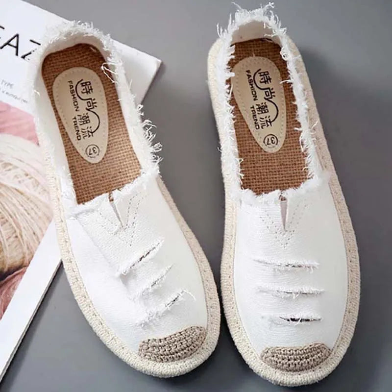 2023 Ladies Casual Comfort Ripped Slip on Lazy Shoes Female Womens Flat Slip on Canvas Summer Strap Loafers Straw Espadrilles