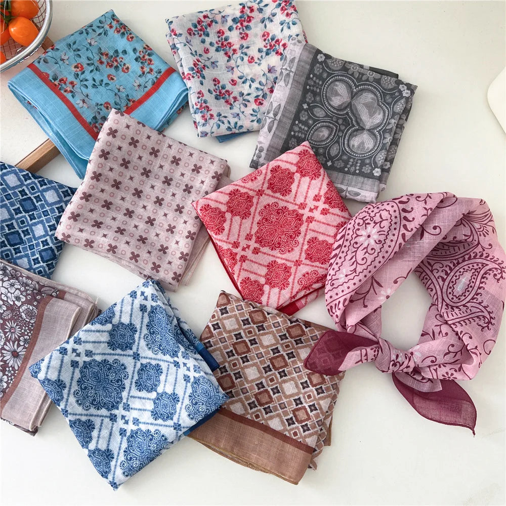 Fashion Women Printing Cotton Linen Small Square Scarf Summer Scarf Women'S Versatile Paisley Scarf Head Band Hair Accessories