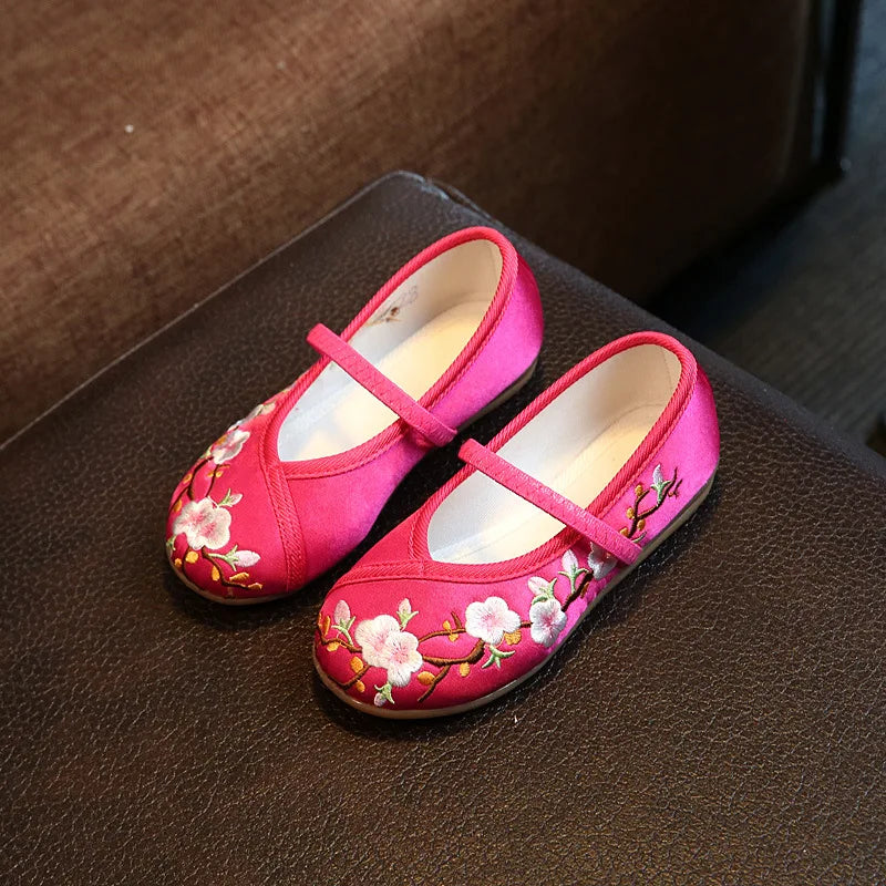 Children Hanfu Flat Shoes Ethnic Chinese Style Girls Embroidered Cloth Shoes Fashion Soft Kids Princess Ancient Dress up Shoes