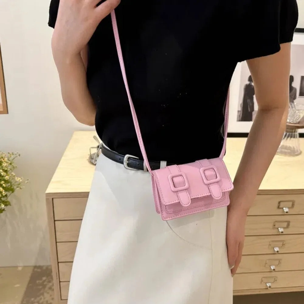 Fashion Mini Messenger Bags PU Leather Buckle Shoulder Bag Solid Color Crossbody Bags Ladies