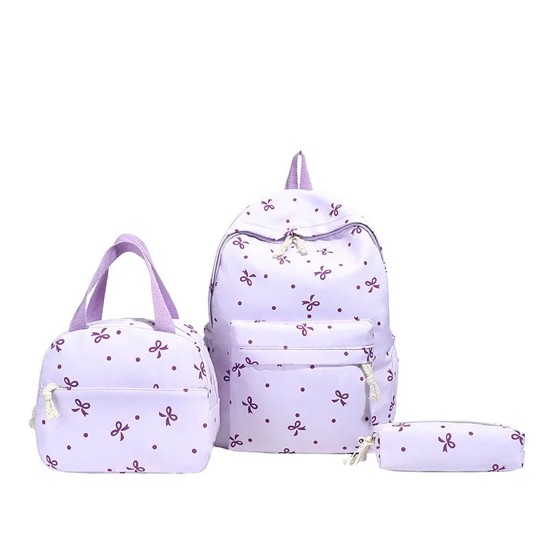 3-Piece Bow Print Backpack Set for Women Matching Crossbody Bag&Handbag&Pencil Case Multi-Pocket Lightweight School Bundle
