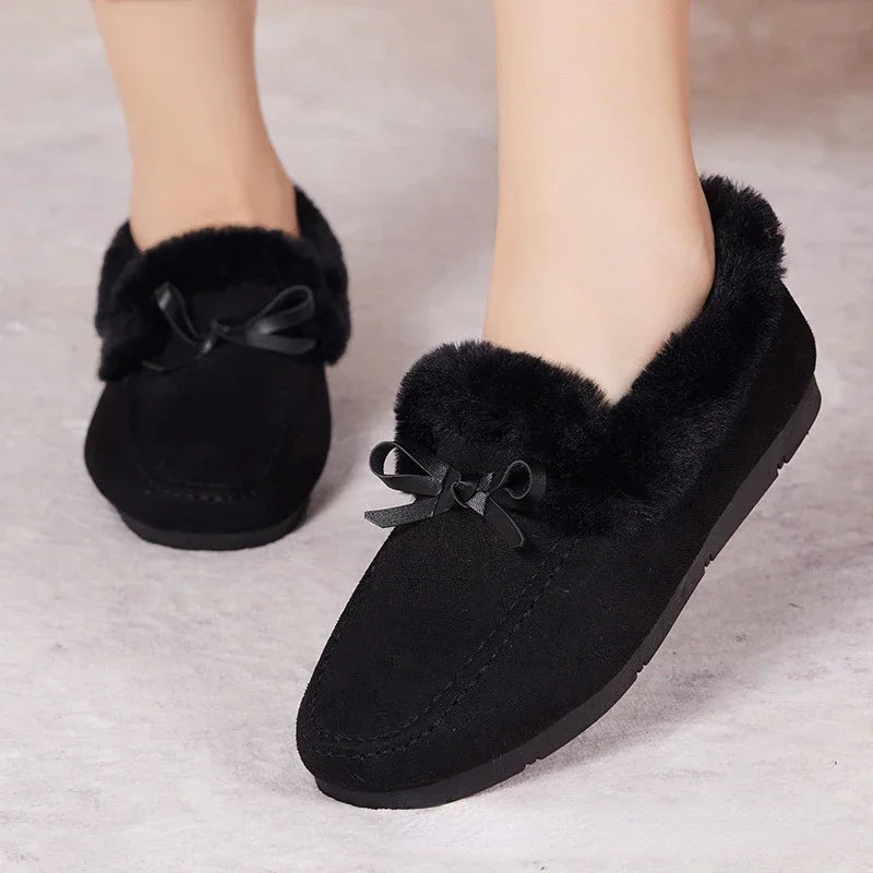 Women Winter Casual Shoes New Moccasins Soft Flat Non-Slip Loafers Fashion Comfort Warm Plush Bow Slip on Female Cotton Shoes