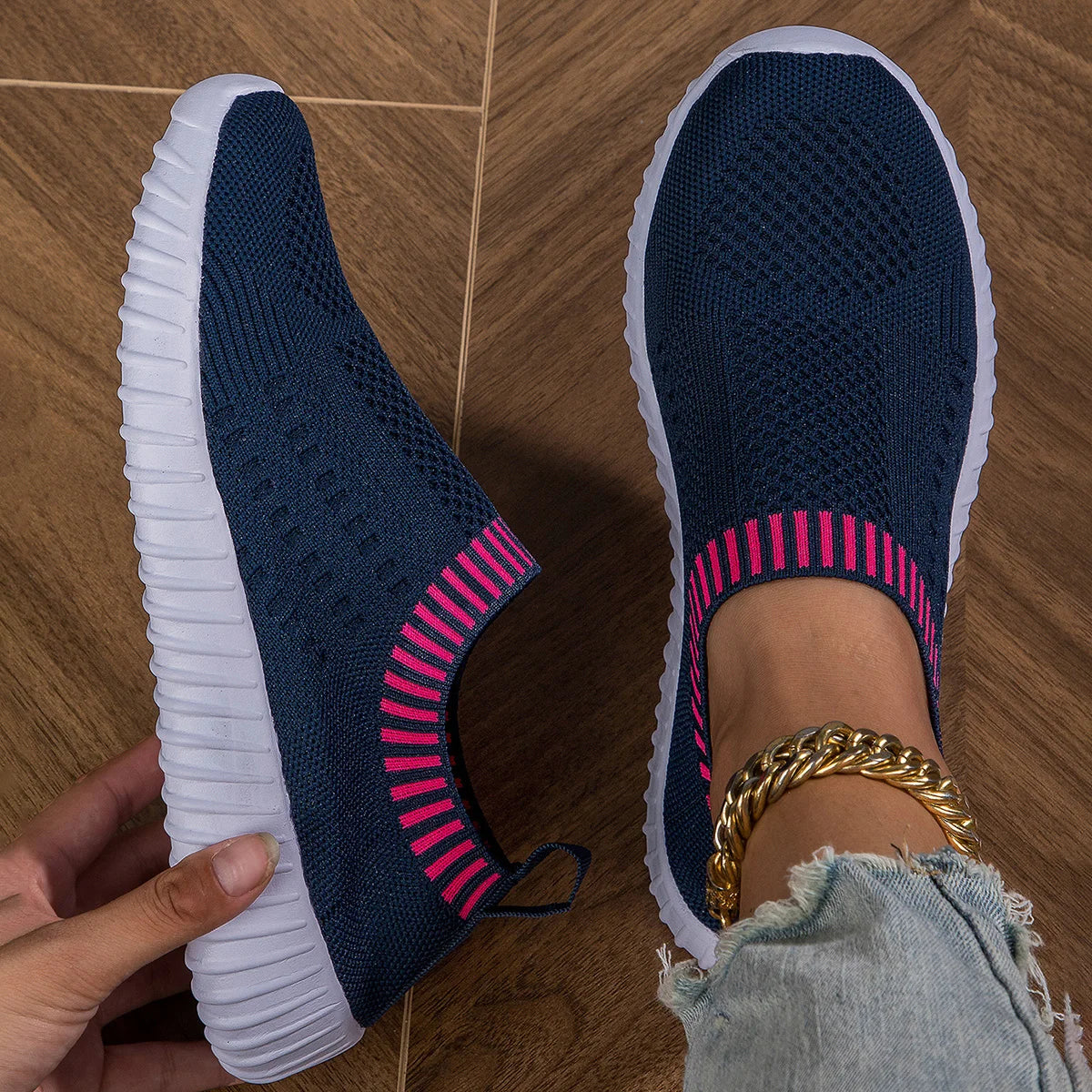 Women'S Breathable Knit Sneakers, Casual Lace up Outdoor Shoes, Lightweight Mesh Low Top Shoes