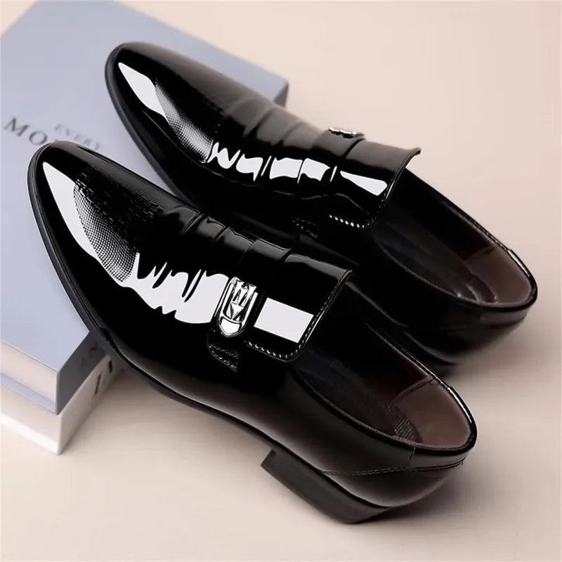 High-End Mens Dress Shoes High Gloss Patent Slip on Loafers Formal Business Oxford Casual Driving Pointed Toe Boat Shoe for Men