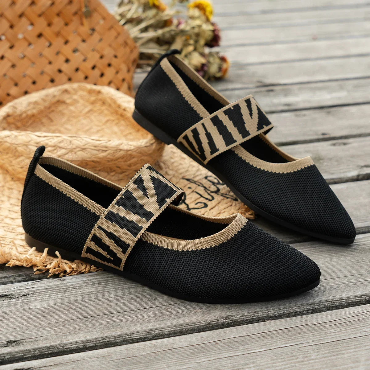 Knitted Color-Block Women'S Flat Shoes Dressy Ballet Flats Casual Striped Straps Pointed Toe Loafers Female