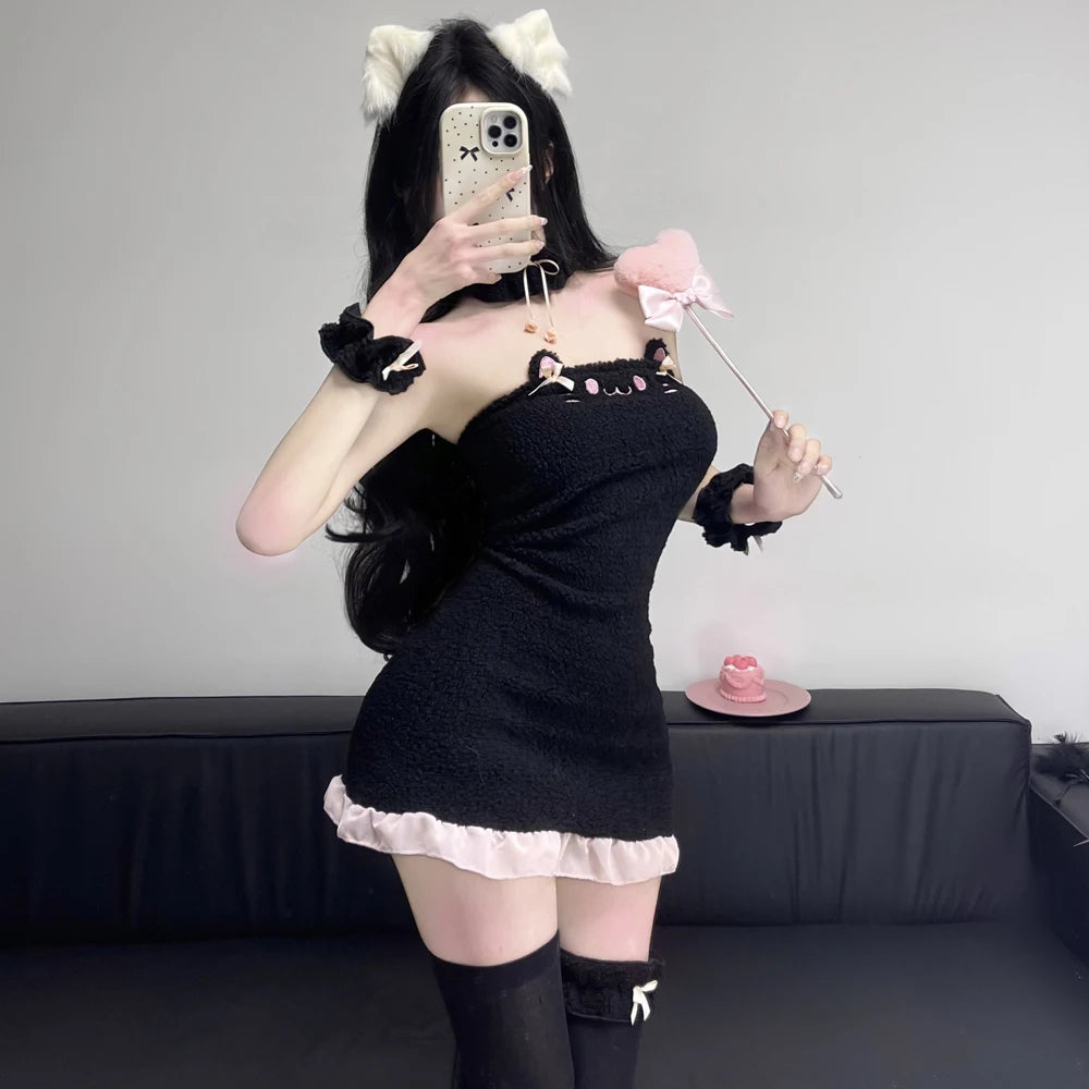 Anilv Cute Cat Plush Anime Kawaii Girl Kitty Maid Unifrom Outfit Nightdress Clothes Costumes Cosplay