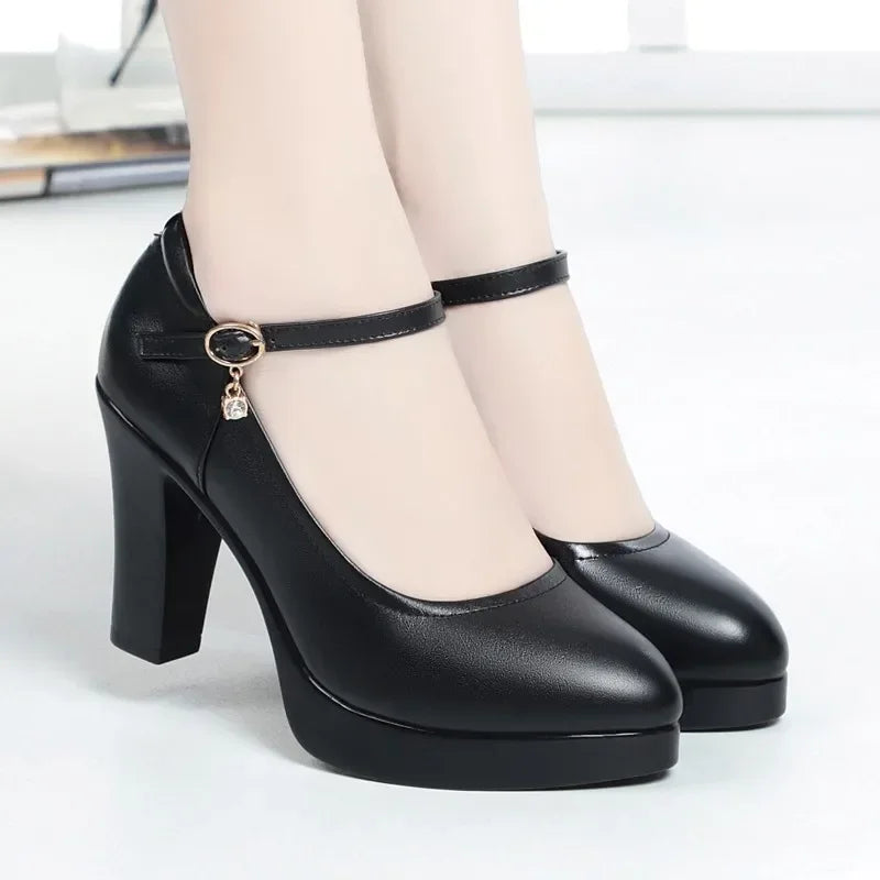 High Heels Platform Pumps Mujer 2022 Spring New Fashion Buckle Solid Black Shoes Woman PU Leather Waterproof Shoes Femme