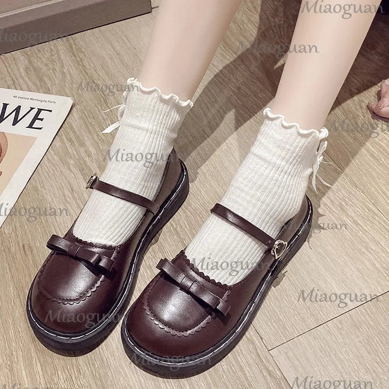 Spring Autumn Lolita Shoes Bow Mary Janes Shoes Platform Women'S Flats Leather round Toe Casual Shoes Lovely Girls Black Oxford
