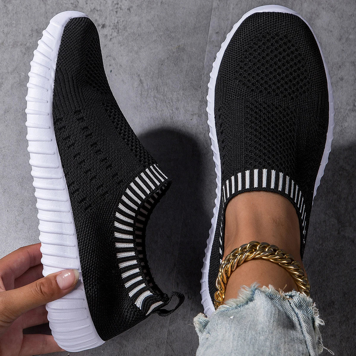 Women'S Breathable Knit Sneakers, Casual Lace up Outdoor Shoes, Lightweight Mesh Low Top Shoes