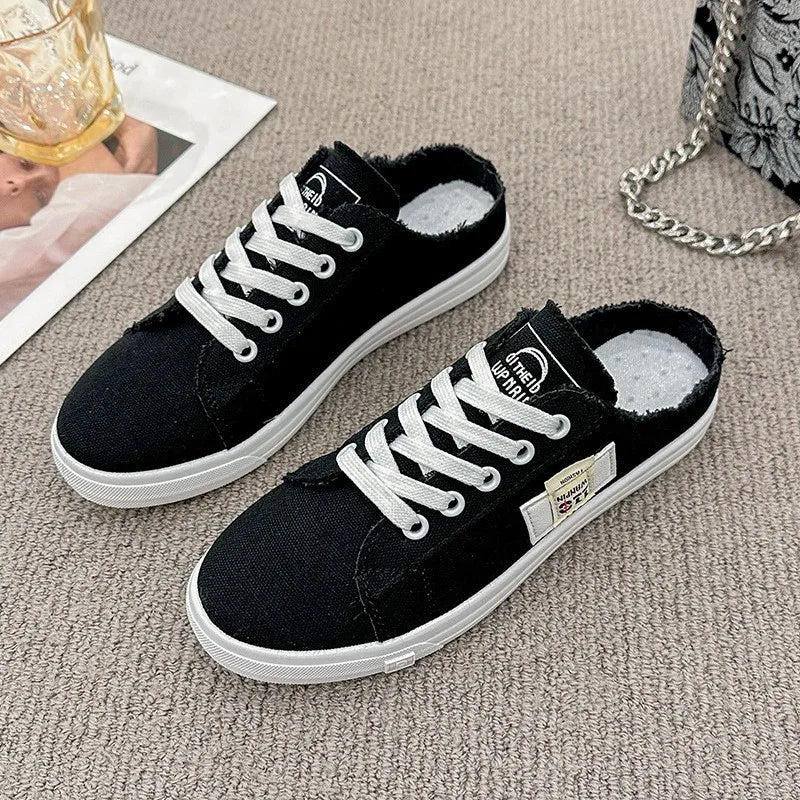 Women Canvas Shoes Spring Summer All-Match Flat Sneakers Korean Women Low Upper Half Slippers Lace up Shoes Zapatos De Mujer
