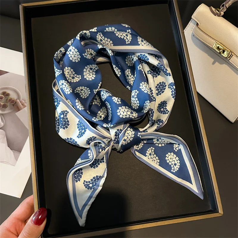 Green Paisley Pattern Small Silk Scarves for Women Long Narrow Silk Feel Double-Sided Scarf Lady Headband Shawl Hairband