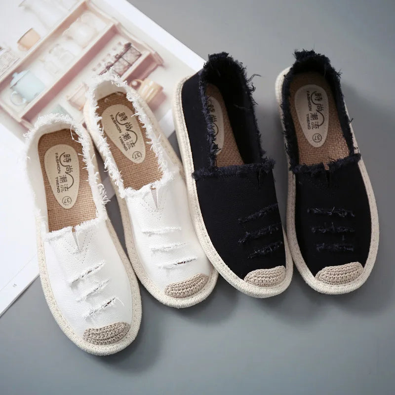 2023 Ladies Casual Comfort Ripped Slip on Lazy Shoes Female Womens Flat Slip on Canvas Summer Strap Loafers Straw Espadrilles