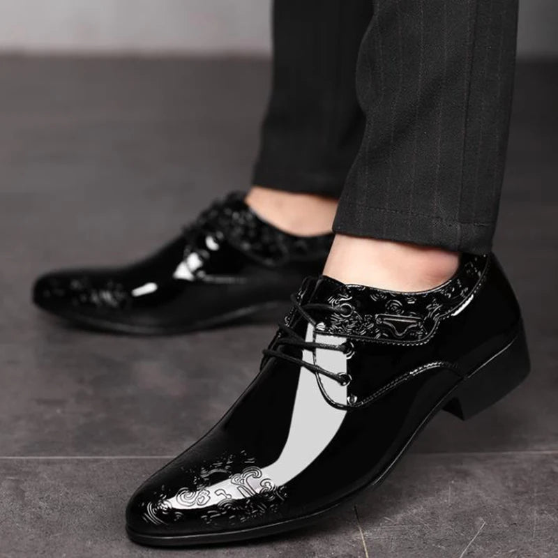 Casual Business Shoes for Men Dress Shoes Lace up Formal Black Patent Leather Brogue Shoes for Male Wedding Party Office Oxfords