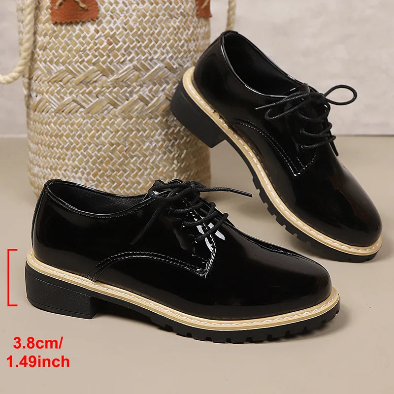 Shoes for Women High Quality Patent Leather Casual Shoe British Style Leather Shoe Lace up Oxford Shoes for Women Casual Loafers
