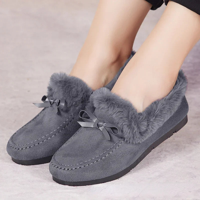 Women Winter Casual Shoes New Moccasins Soft Flat Non-Slip Loafers Fashion Comfort Warm Plush Bow Slip on Female Cotton Shoes