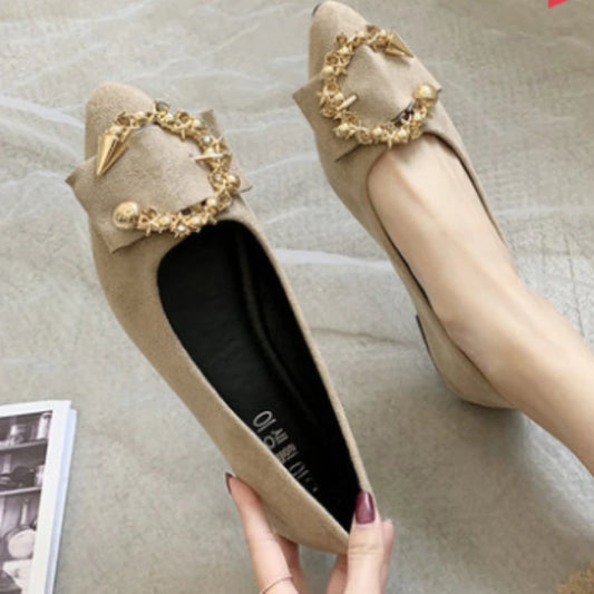 Spring and Autumn Casual Fashion Pointed Toe Comfortable Non-Slip Wear-Resistant Simple Metal Decorative Women'S Shoes
