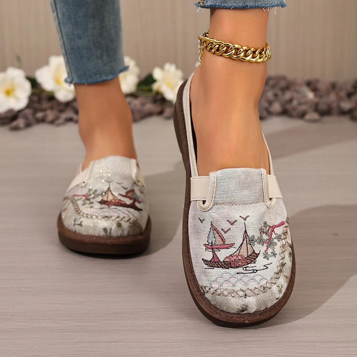 Embroidered Sailing Mule Slides for Women - Comfortable Casual Flat Shoes with Vintage Nautical Print