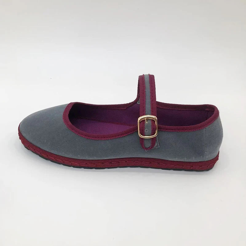 Gray Mary Jeans Flats Shoes Women round Toe Hand Stitch Velvet Cloth Shoes Ladies Casual Soft Comfortable Ballet Shoes Loafers
