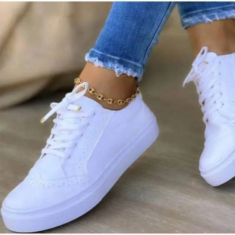 Sneakers Women Fashion Spring Autumn Chain Leather Comfortable round Toe Platform Sneakers Lace up Walking Women'S Shoes 35-43