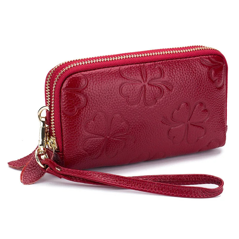 Real Leather Women Long Wallet Ladies Double Zipper Coin Purse Four-Leaf Clover Card Holder Female Cute Money Bag Luxury Clutch