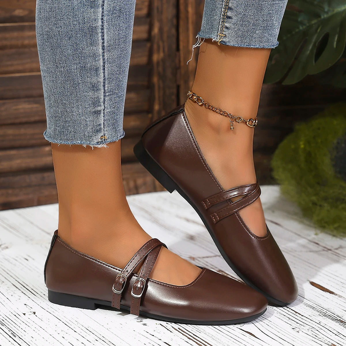 Classic Retro Mary Jane Flat Shoes Fashionable New Women'S Casual Shoes Square Toe Straight Buckle Shallow Mouth Work Shoes