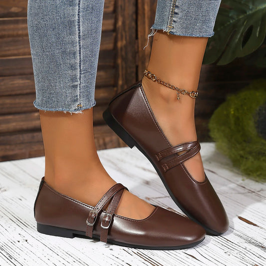 Classic Retro Mary Jane Flat Shoes Fashionable New Women'S Casual Shoes Square Toe Straight Buckle Shallow Mouth Work Shoes