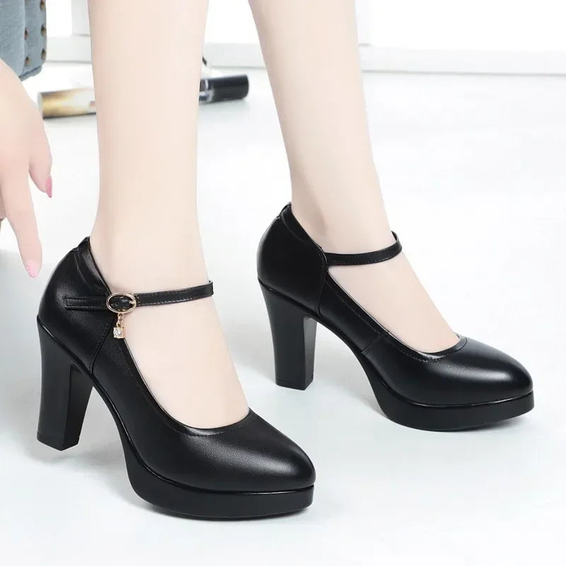 High Heels Platform Pumps Mujer 2022 Spring New Fashion Buckle Solid Black Shoes Woman PU Leather Waterproof Shoes Femme