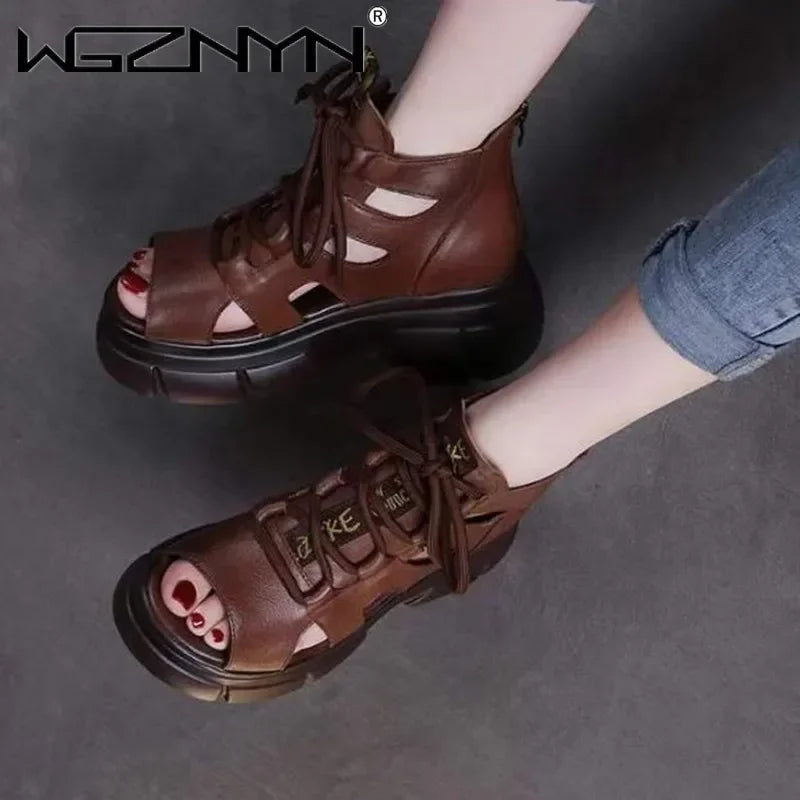 2025 Summer Outdoor Breathable Ladies Retro Sandals Platform High Top Luxury Design Fashion Laces Boots Open Toe Soft Sneaker