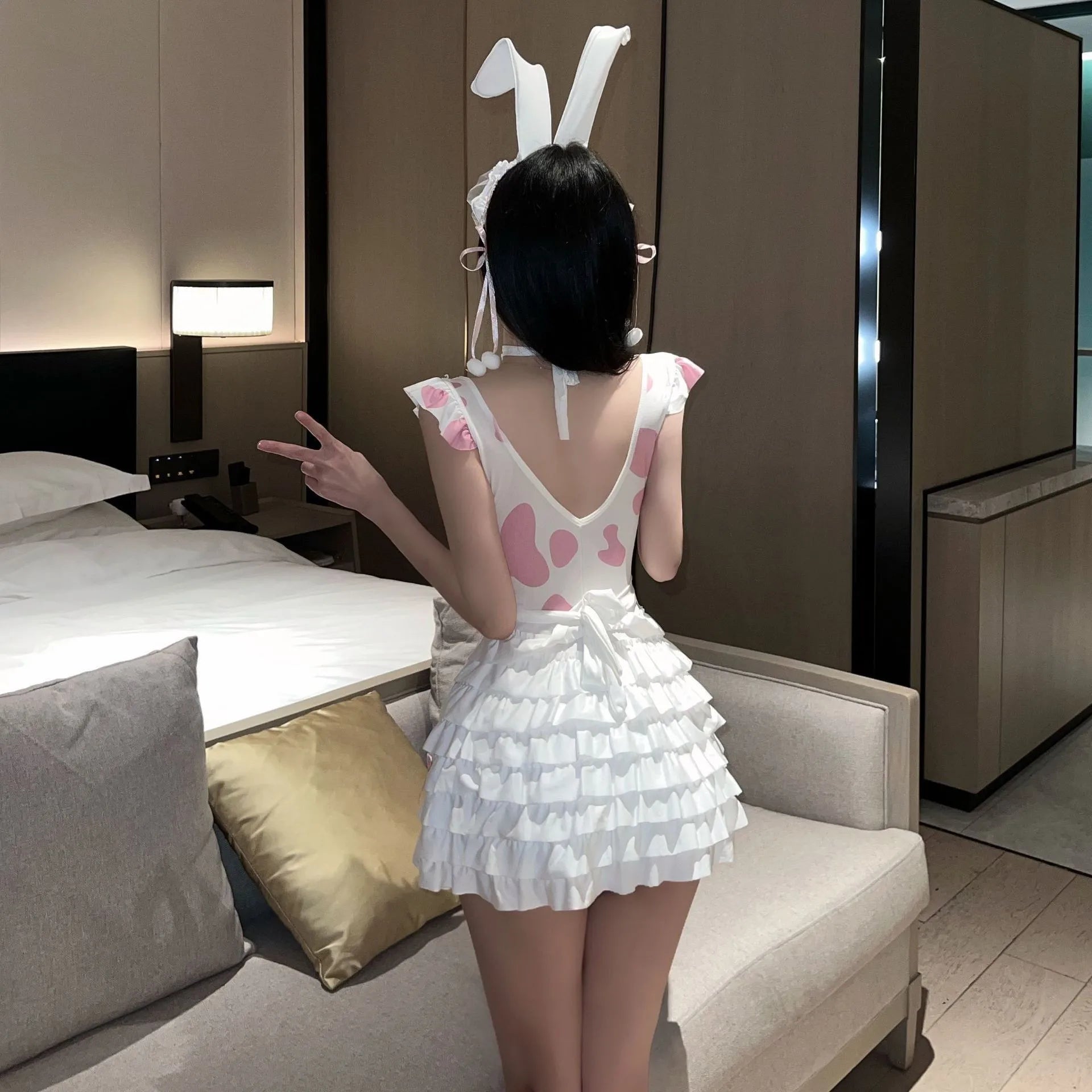 Japanese Anime Bunny Cosplay Costumes Women Sweet Pink Lolita Cat Girl Maid Dress Halloween Cow Print Erotic Lingerie Dress 2025