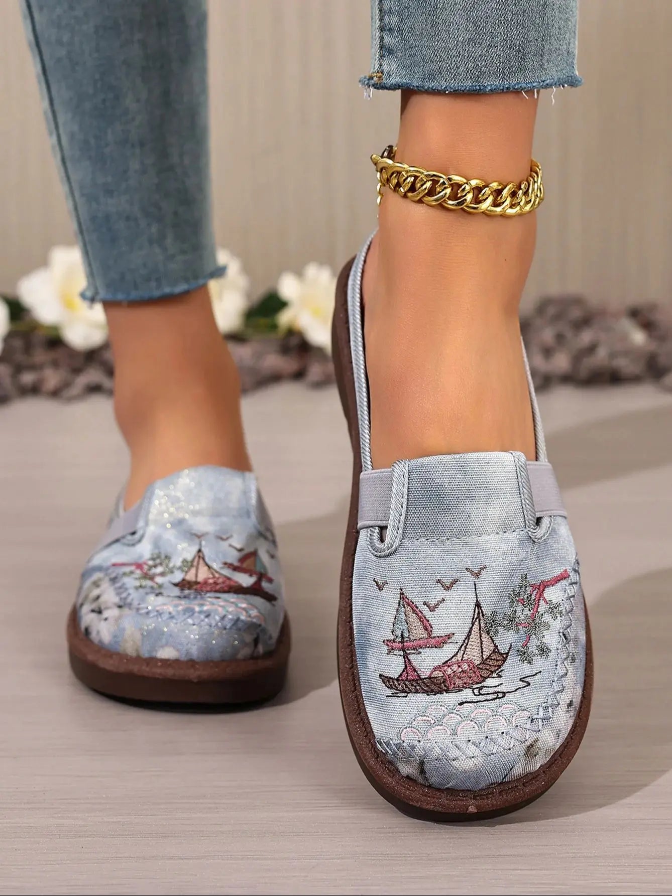 Embroidered Sailing Mule Slides for Women - Comfortable Casual Flat Shoes with Vintage Nautical Print