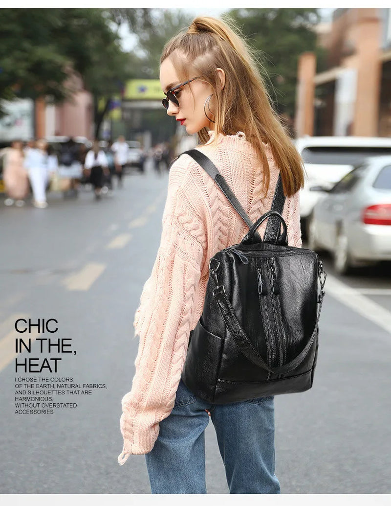 Women Soft Leather Backpack School Black Casual Multifunctional College Bag Large Capacity Shoulder Bags Travel Tote Backpack
