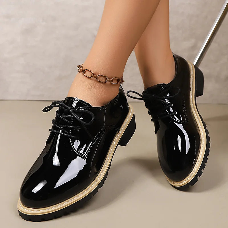Shoes for Women High Quality Patent Leather Casual Shoe British Style Leather Shoe Lace up Oxford Shoes for Women Casual Loafers