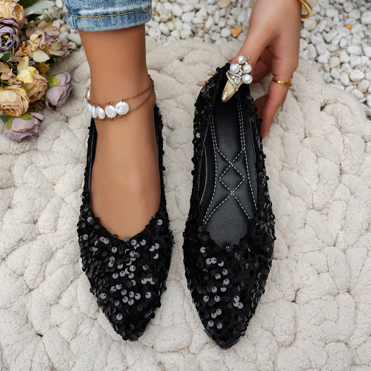 Sequin Designer Spring New Style Fashion round Toe Non-Slip Flat Shoes Casual Comfortable Shallow Mouth Women'S Loafers