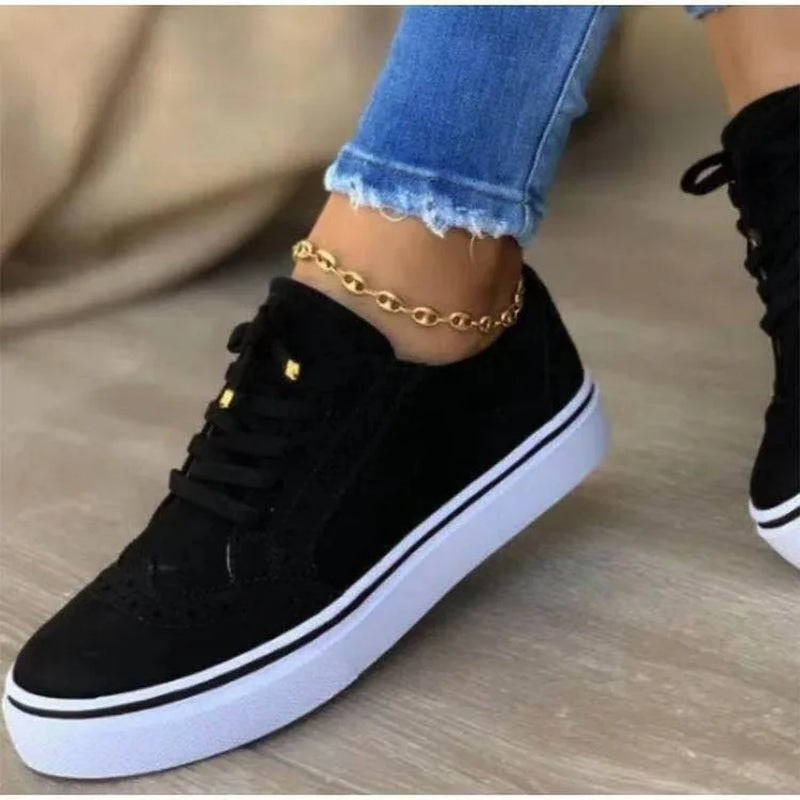 Sneakers Women Fashion Spring Autumn Chain Leather Comfortable round Toe Platform Sneakers Lace up Walking Women'S Shoes 35-43