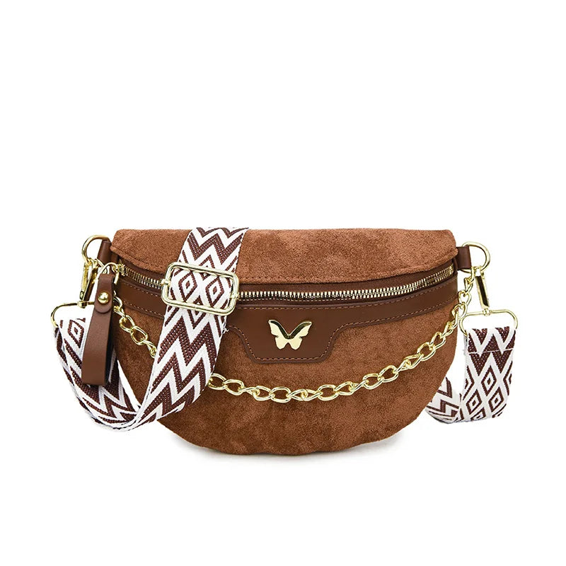Faux Suede Chest Bag Bohemia Women Waist Bag PU Leather Handbag Chain Waist Pack Adjustable Strap Fashion Shoulder Crossbody Bag
