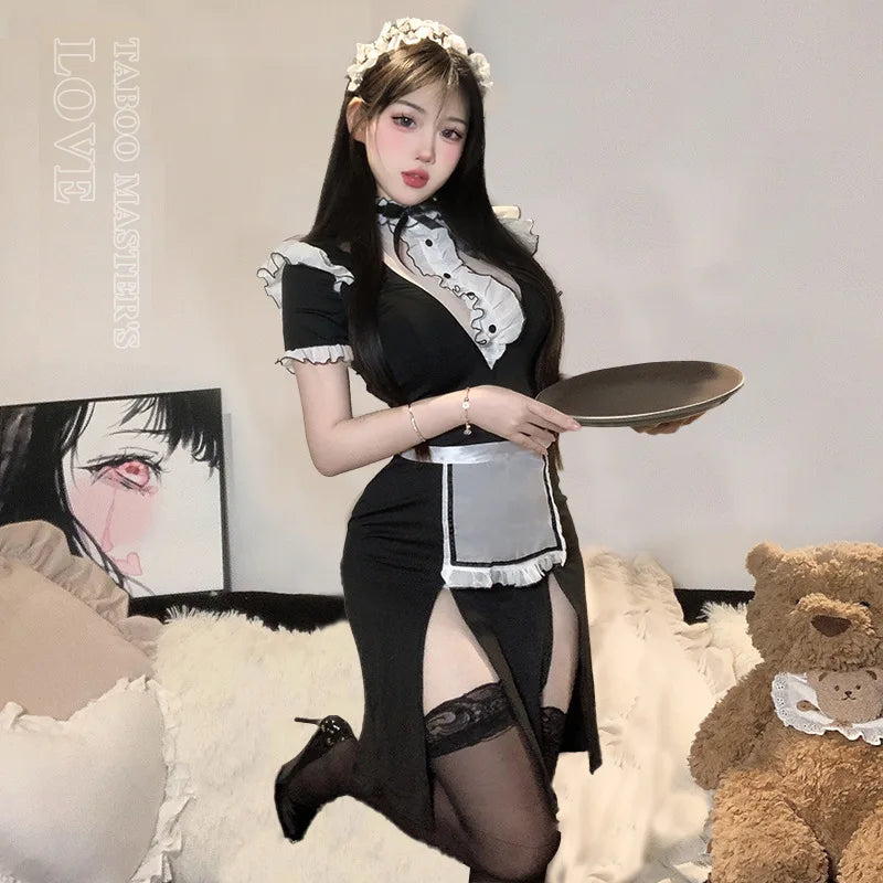 Japanese Anime Cafe Girl Cosplay Costume Maid Costume Fashion Sexy Lolita Dress with French Apron Maid Underwear Bar Uniform New