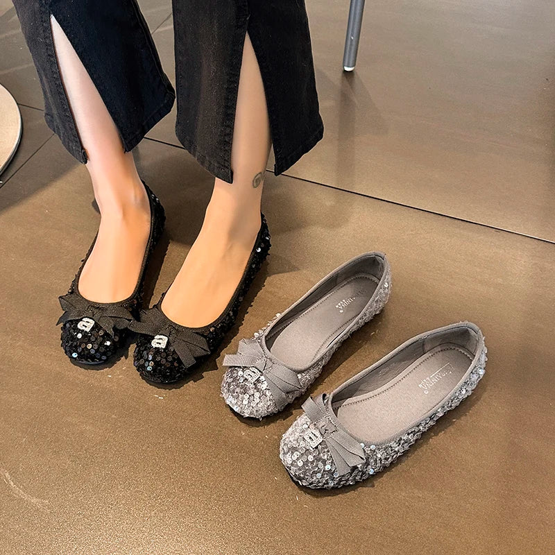 Bowtie Flat Shoes Woman round Toe Crystal Glitter Slip on Loafers Soft Bottom Bow Ballet Flats Ladies Mary Jane Shoes Zapatillas