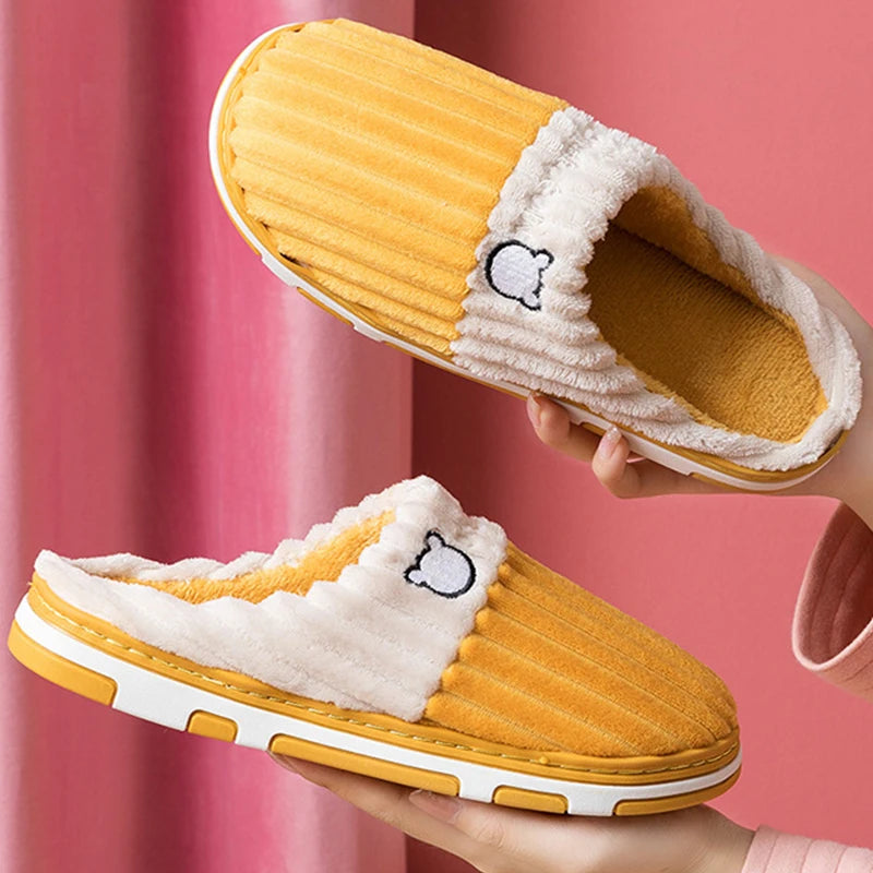 Smile Pop Women Confinement Soft Cotton Slippers Warm Non-Slip Plush Home Cotton Slippers Men Winter Couple Cotton Slippers