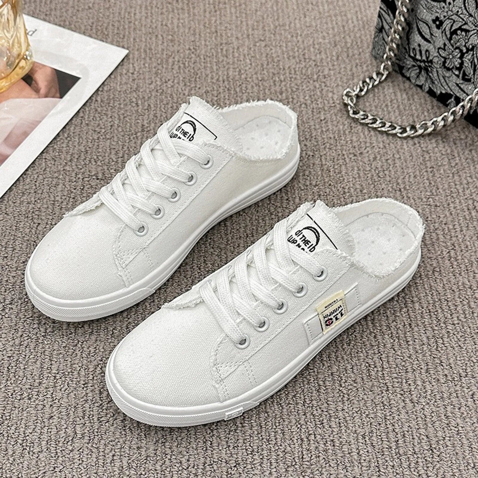 Women Canvas Shoes Spring Summer All-Match Flat Sneakers Korean Women Low Upper Half Slippers Lace up Shoes Zapatos De Mujer