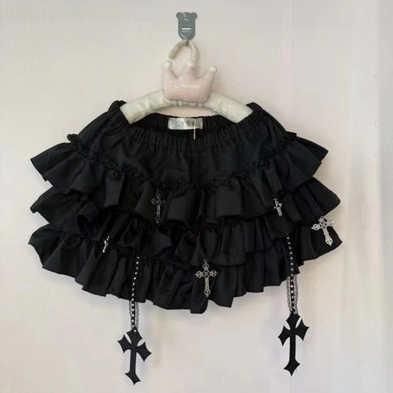 Y2K Gothic Punk Black White Short Skirt Women Hot Chick Darkly Polka Dot Ruffle Cake Skirt Female Sweet Chic Lolita Lace Skirts