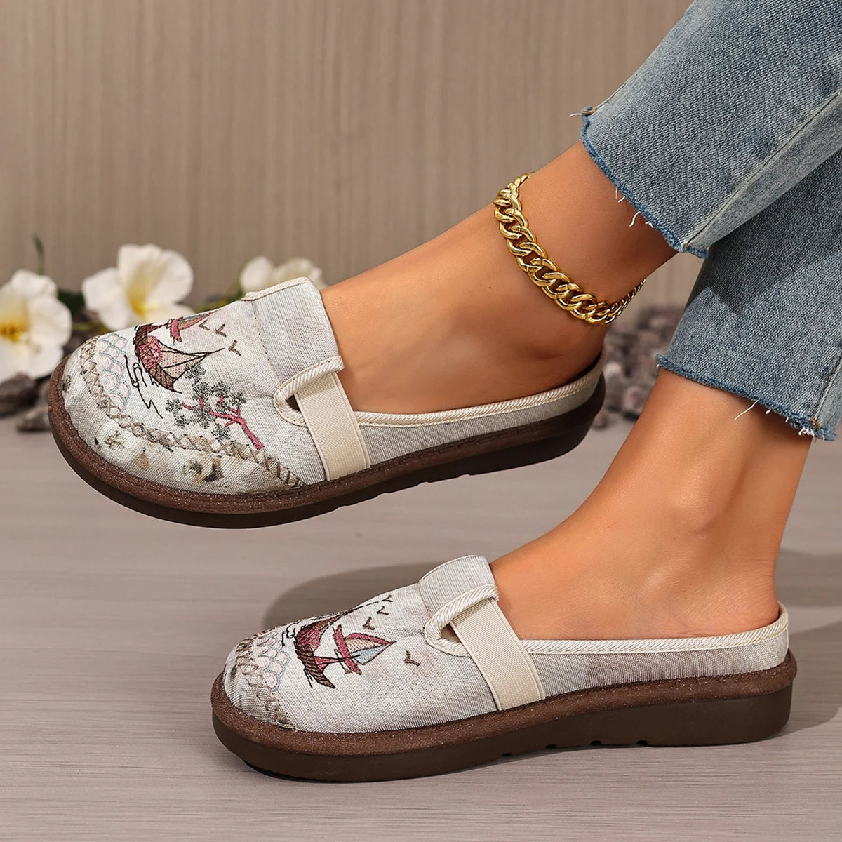 Embroidered Sailing Mule Slides for Women - Comfortable Casual Flat Shoes with Vintage Nautical Print