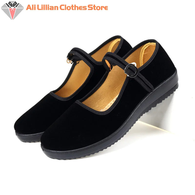 Black Mary Jane Shoes for Women China Dance Flat Old Beijing Cloth Walking Shoes Cotton Flats Yoga Exercise Dance Shoes