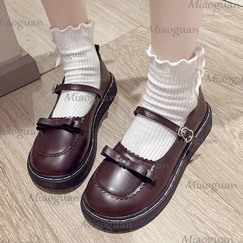 Spring Autumn Lolita Shoes Bow Mary Janes Shoes Platform Women'S Flats Leather round Toe Casual Shoes Lovely Girls Black Oxford