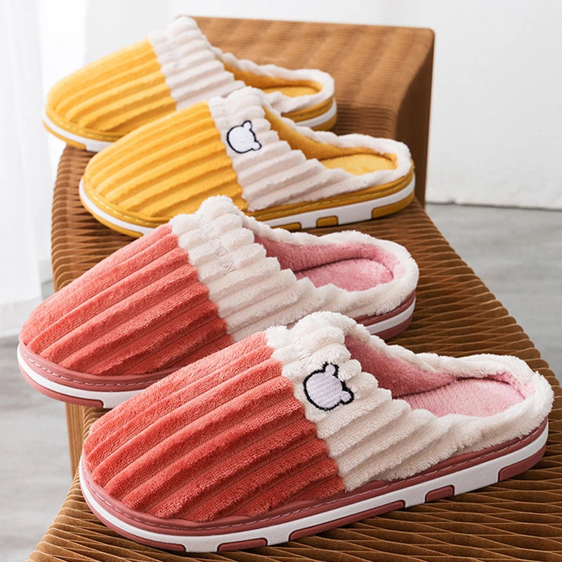 Smile Pop Women Confinement Soft Cotton Slippers Warm Non-Slip Plush Home Cotton Slippers Men Winter Couple Cotton Slippers