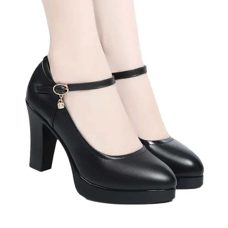 High Heels Platform Pumps Mujer 2022 Spring New Fashion Buckle Solid Black Shoes Woman PU Leather Waterproof Shoes Femme