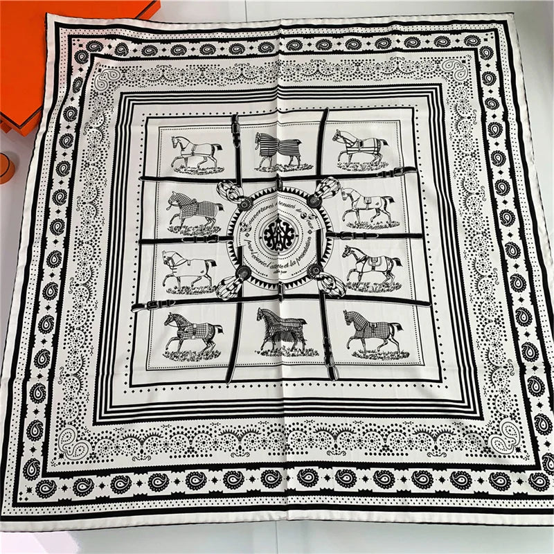 90Cm Hand Rolled Hem Paisley Horse Twill Silk Square Scarf Women Shawl Brand Hijab Scarf Foulard Head Scarves Design Bandana